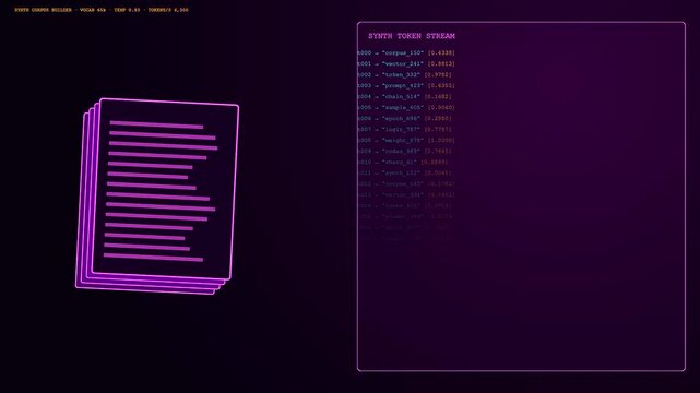 A sequence showing synthetic data generation processes displayed as floating neon text files and streams of glowing code symbols on a dark purple grid interface