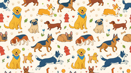 Fototapeta premium Cute Dog Breed Seamless Pattern with Playful Puppies and Colorful Decorative Elements for Design