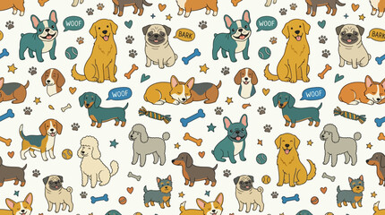 Fototapeta premium Seamless Pattern Background With Many Cute Dog Breeds And Playful Pets In A Hand Drawn Style Art