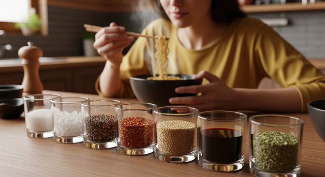 A woman is eating ramen noodles while various spices and seasonings in glass jars are neatly arranged on a wooden table, with kitchen background.
