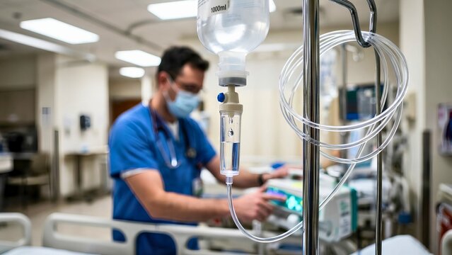IV Drip Close Up with Doctor Adjusting Infusion Pump in Hospital Ward