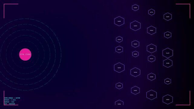 Synthetic data displays showing circular nodes and hexagonal patterns expanding across a dark digital interface screen representing complex network structures or modern computing systems in dark mode
