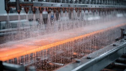 Obraz premium Side view of a hot plastic profile being uniformly cooled by highpressure water sprays highlighting dynamic spray cooling technology in a modern manufacturing line.
