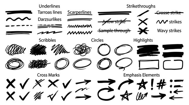 Hand Drawn Scribble Symbols Set Featuring Underlines Strikethroughs Highlights And Annotations