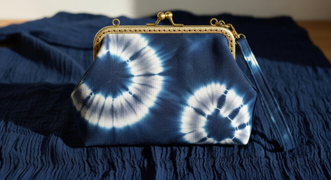 Beautiful handmade fabric purse with traditional shibori tie dye pattern in shades of blue and white featuring rustic gold metal clasp frame.