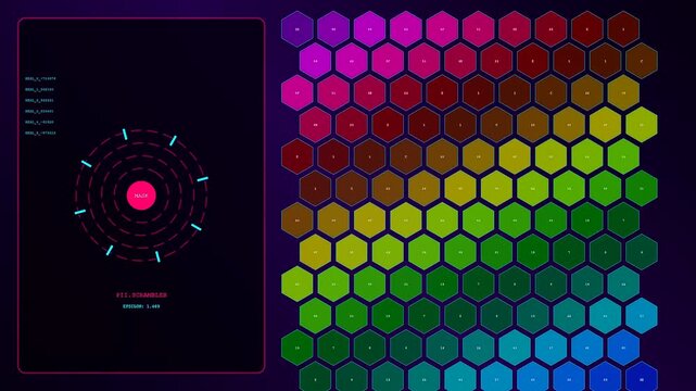 Synthetic data visualizations appear on a screen display showing changing hexagonal patterns and rotating circular ring animations in a digital interface for complex information analysis