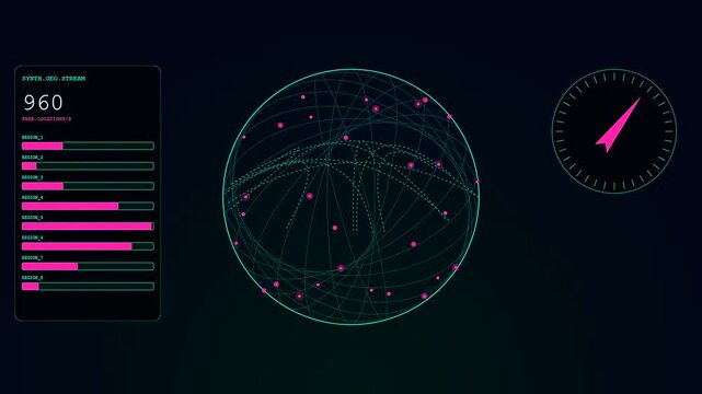 Three sets of synthetic data visualizations display glowing nodes orbiting spherical wireframe grids with circular measuring gauges and vertical loading bar interface charts on black screens