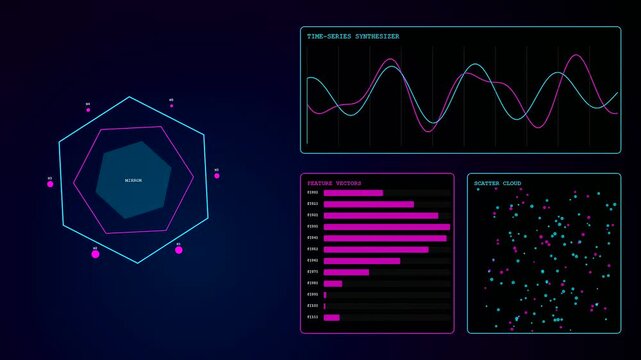 Synthetic data visualizations showing animated charts and digital waveforms in a dark glowing interface that cycles through shifting graphs of blue and magenta color hues