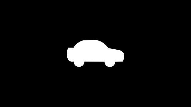 White Minimalist car icon driving across the screen loop animation, alpha matte luma key, motion graphic on black background