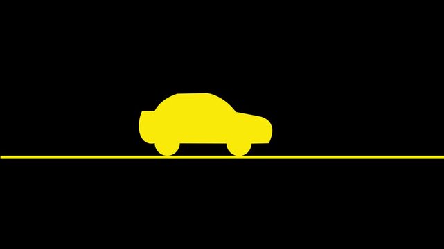 Yellow Minimalist car icon driving across the screen loop animation, alpha matte luma key, motion graphic on black background