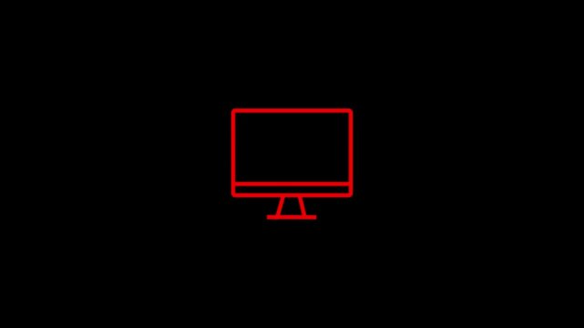 Minimalist line icon animation of a computer monitor with a loading spinner on a black background. Computer screen buffering icon animation, minimalist RED line art on black, tech loading concept.