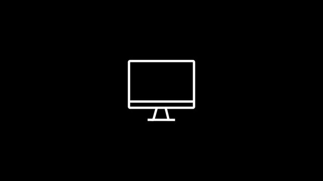 Minimalist line icon animation of a computer monitor with a loading spinner on a black background. Computer screen buffering icon animation, minimalist white line art on black, tech loading concept.