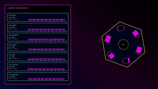 Synthetic data nodes populate a digital interface screen showcasing iterative database schema generation cycles with hexagonal network topology diagrams pulsing in the dark virtual space environment