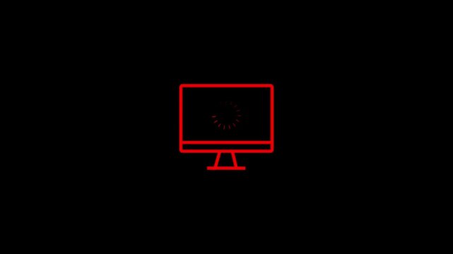 Minimalist line icon animation of a computer monitor with a loading spinner on a black background. Computer screen buffering icon animation, minimalist RED line art on black, tech loading concept.