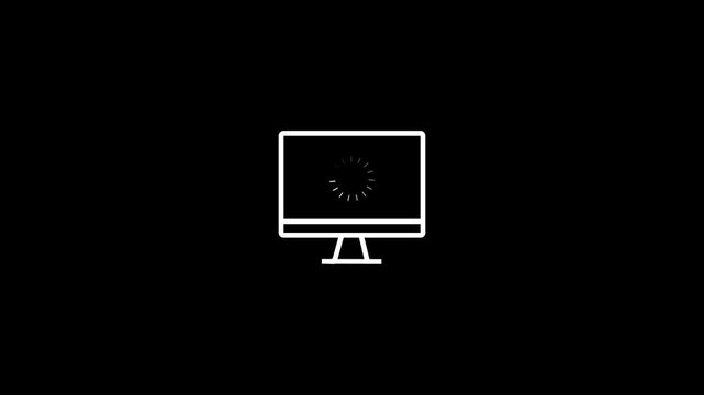 Minimalist line icon animation of a computer monitor with a loading spinner on a black background. Computer screen buffering icon animation, minimalist white line art on black, tech loading concept.