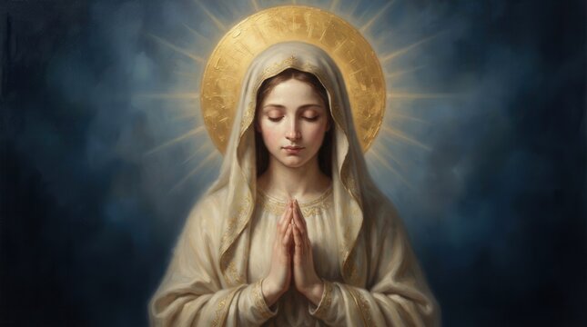 The holy Virgin Mary depicted in a divine religious painting with golden rays.