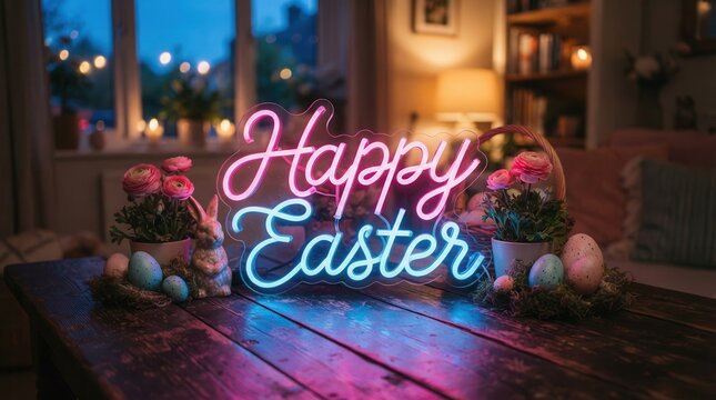 Colorful Happy Easter neon light decoration featuring pink flowers and speckled Easter eggs.
