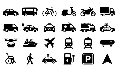 Essential mobility silhouette icon vector set with vehicle transport and urban mobility symbols flat style isolated on white background © MdShojib