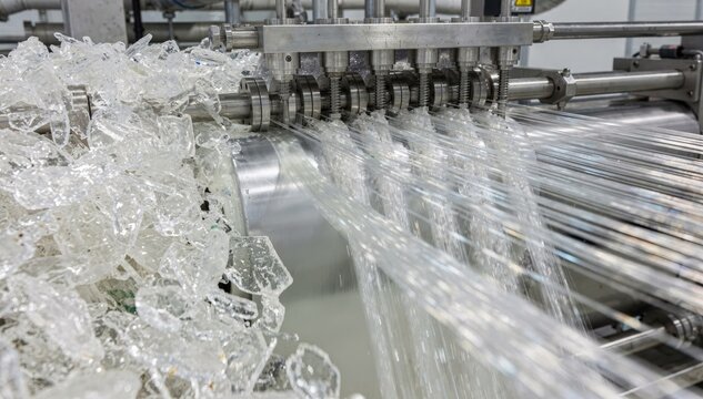 Medium shot of recycled clear polymer flakes being heated and melted transforming into fine synthetic fibers through advanced spinning machinery for ecofriendly textile production.