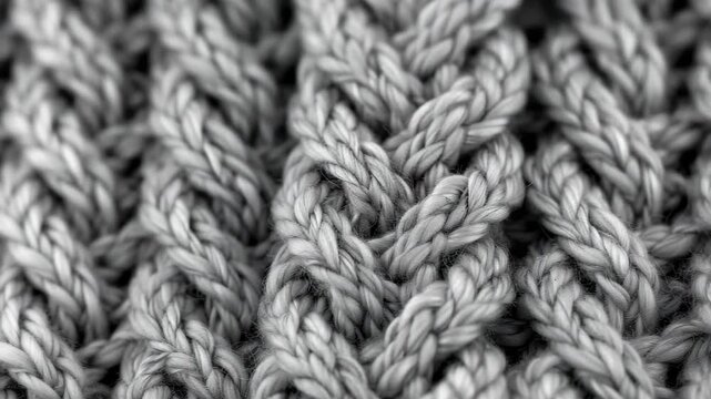 Intricate Cable Knit Texture: A close-up macro shot reveals the complex, interlocking pattern of a chunky cable knit fabric, showcasing the texture and depth of the woolen yarn.