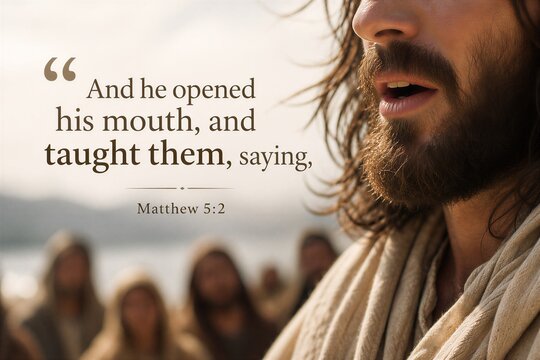 Matthew 5:2 Scripture Verse Artistically Displayed with Elegant Typography, Conveying Spiritual Wisdom and Inspiration.