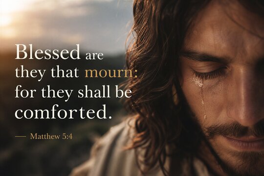 Ancient Scripture Poster Depicting Blessedness for Those Who Mourn and Promise of Comfort from Matthew's Gospel.
