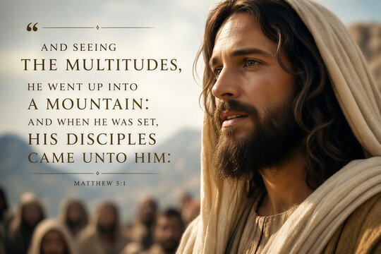 Ancient Scripture Poster Depicting Disciples Gathering on a Mountain with Multitudes from Matthew's Gospel.