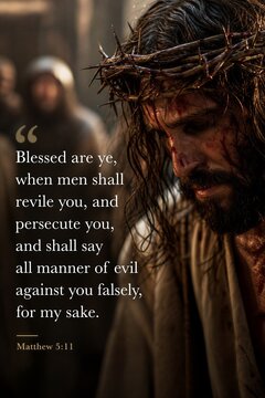 A close-up graphic poster displaying the profound Matthew 5:11 Bible verse, emphasizing themes of persecution, resilience, and divine blessing through elegant typography.