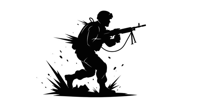 Soldier with rifle in combat stance.