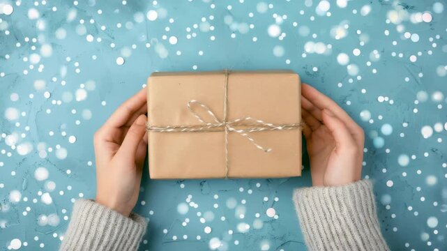 Hands Presenting a Wrapped Gift: A pair of hands, wearing a cozy sweater, carefully holds a neatly wrapped gift box made of brown paper and tied with twine, against a festive.