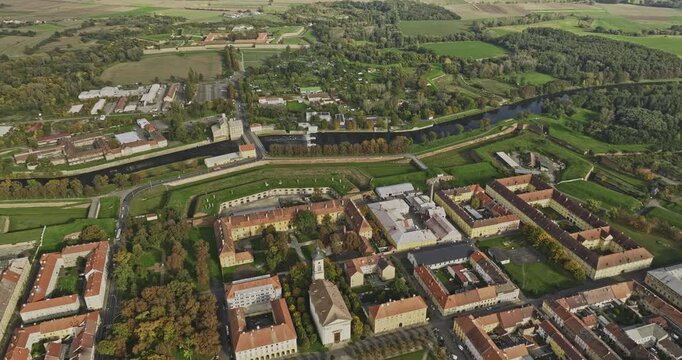Terezin Czechia Aerial v7 cinematic birds eye view flyover square, tilt up capturing landscape view of walled garrison town across Ohre river - Shot with 5k Camera - November 2022
