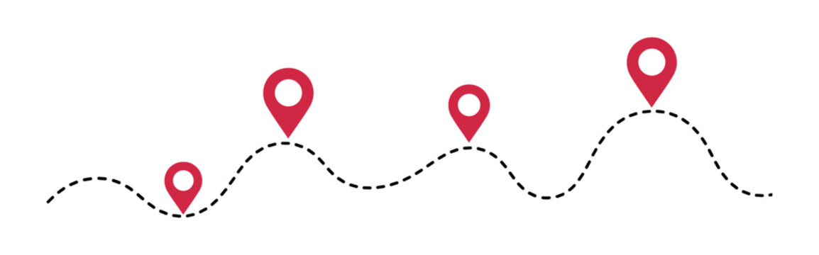 Red map pins on a wavy dashed line path, travel route on transparent background