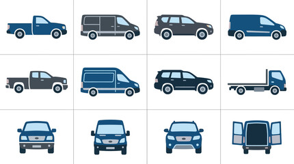 Fototapeta premium A collection of various vehicles including cars and trucks depicted in a grid.