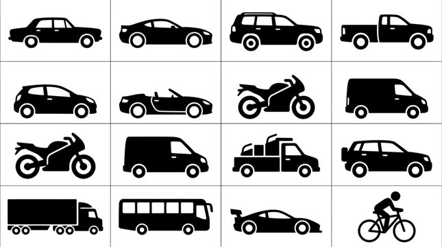 Various vehicles including cars trucks and motorcycles are shown