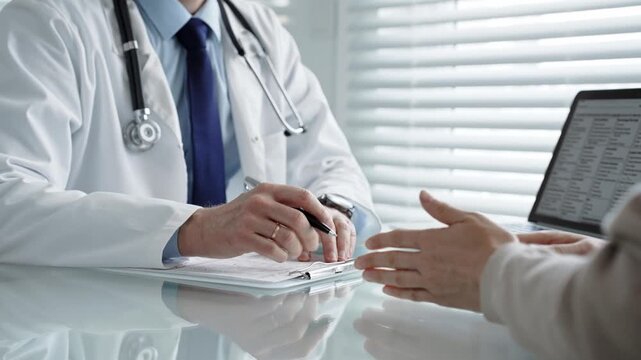 Doctor discussing medical information and treatment options with patient in a clinic, providing professional healthcare consultation and modern diagnostic services