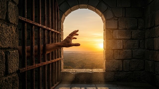 A human hand reaches through prison bars towards a sunset, symbolizing hope freedom, resilience and human rights a dramatic prison scene with space for text about justice freedom and social conscience