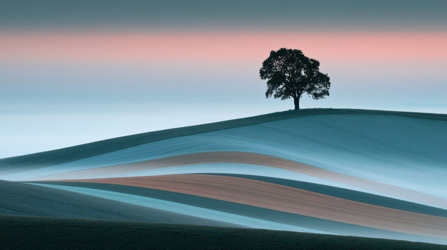 Beautiful minimalist landscape featuring a single tree standing on a misty field with layers of rolling hills at sunrise