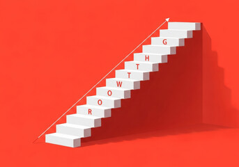 Fototapeta premium White stairway leading upwards against vibrant red wall with rising arrow and creative growth letters conceptualizing professional business success.