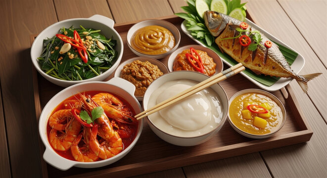 Traditional southeast asian meal set with grilled fish spicy shrimp stir fried greens and dipping sauces served on wooden tray in rustic style.