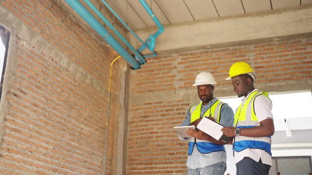 Construction worker and site supervisor engineer inspecting interior building structure residential housing during architectural construction management site supervision and real estate development