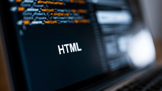 Close-up of a designer's screen showing CSS and HTML code with a website layout visible in the background, coding concept, with copy space