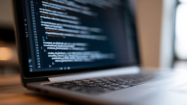 Close-up of a designer's screen showing CSS and HTML code with a website layout visible in the background, coding concept, with copy space