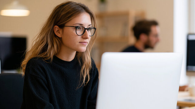 Young female UX researcher conducting a usability test with a participant in a clean office environment, user testing concept, with copy space