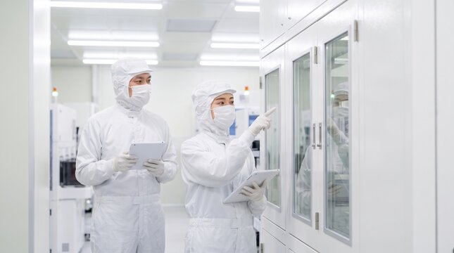 半導体工場のクリーンルームで装置内部の点検を行う品質管理の作業チーム
