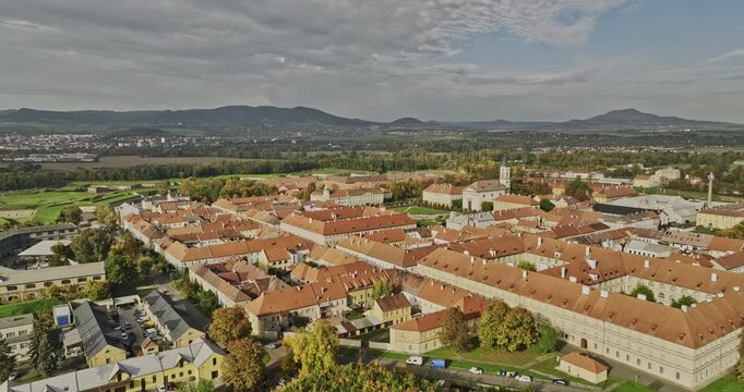 Terezin Czechia Aerial v8 drone flyover historical town centre capturing N�m_st� _SA square and landscape views of Walled Garrison town across the Oh_er river - Shot with Mavic 3 Cine - November 2022