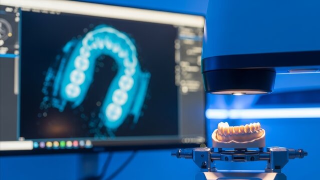 Dental Technology - 3D Scanner Capturing Teeth Model with Digital Arch Visualization on Monitor in Modern Lab