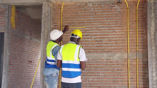 Construction worker and site supervisor engineer inspecting interior building structure residential housing during architectural construction management site supervision and real estate development