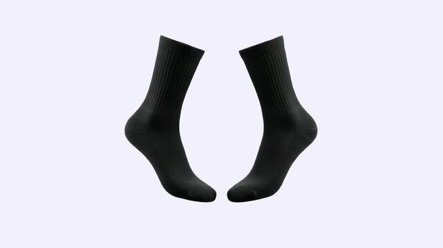 A minimalist 3D animation presenting a pair of black crew-length cotton socks standing upright. The clean product visualization is ideal for apparel e-commerce, clothing catalogs, and fashion advertis