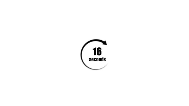 Black circular arrow loading icon with 16 seconds timer text, continuous countdown or refresh loop symbol for web and app user interface, motion graphic isolated on white background.