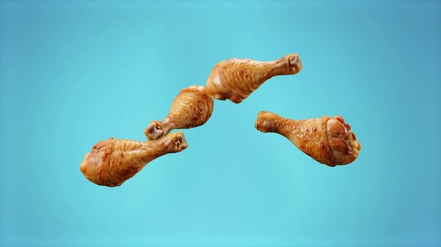 Fried or roasted golden-brown chicken drumsticks floating in mid-air. This studio style asset is suitable for fast food advertisements, restaurant menus, and cooking promotions.